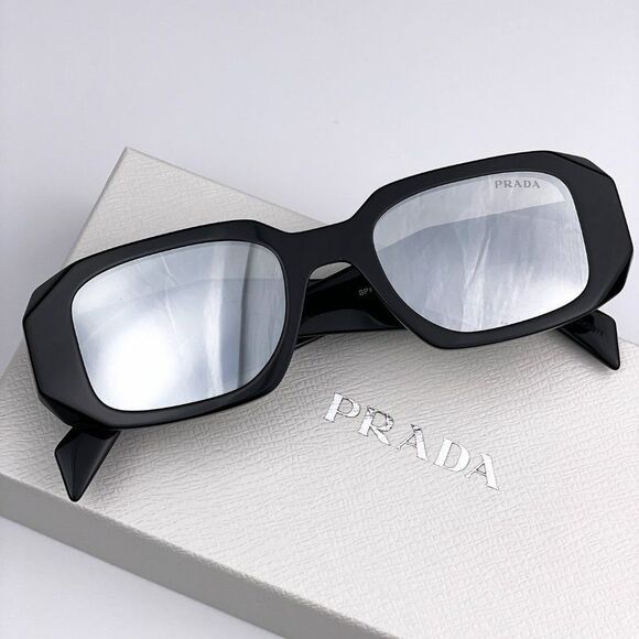 NEW Prada PR17WS 1AB2B0 Black Light Gray Mirrored Silver Square Unisex - Picture 1 of 13